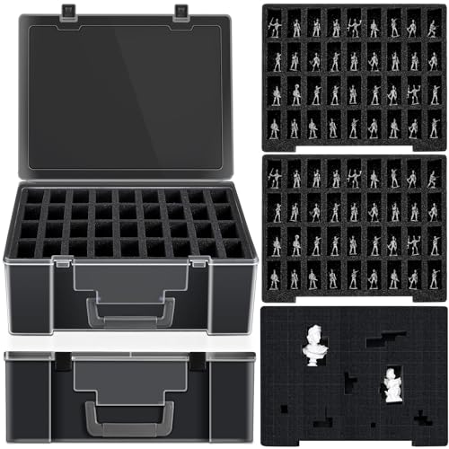 2 Pcs Miniature Storage Figure Case 144 Slot Sturdy Figurine Miniature Carrying Case with 3 Foam Layer (2 Pre Cut Trays 1 Pick Pluck Tray) Compatible with Wargame(Black) - color: black