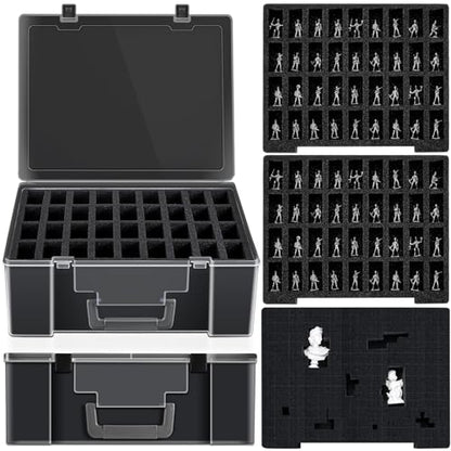 2 Pcs Miniature Storage Figure Case 144 Slot Sturdy Figurine Miniature Carrying Case with 3 Foam Layer (2 Pre Cut Trays 1 Pick Pluck Tray) Compatible with Wargame(Black) - color: black