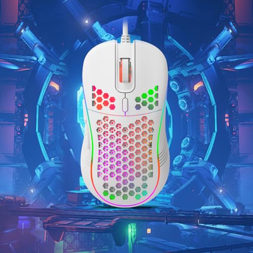 DC G40U Wired Gaming Mouse, RGB Honeycomb Ergonomic Design, 4 DPI Levels (1200/2400/4800/7200), Optical Sensor, Plug and Play, Compatible with PC, Mac, Tablet (White) - color: White