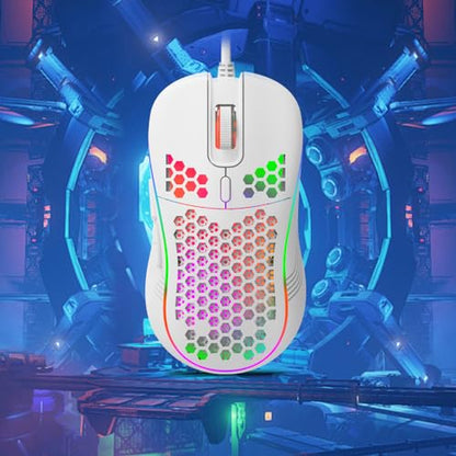 DC G40U Wired Gaming Mouse, RGB Honeycomb Ergonomic Design, 4 DPI Levels (1200/2400/4800/7200), Optical Sensor, Plug and Play, Compatible with PC, Mac, Tablet (White) - color: White