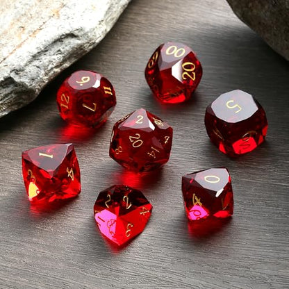 DNDND 7-Piece Glass D&D Dice Set - Multifaceted Red Dice Set for Dungeons and Dragons, Tabletop Gaming, Collectors | Premium Gift Box & Durable Design (Red) - color: Red