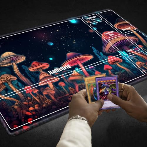 Board Game Mat TCG Playmat Plus 50 Pcs Card Sleeves, 24 x 14 inches Table Mats Games Mousepad with Zones Smooth Surface for MTG RPG CCG Trading Card Game Play Mats, Neon Mushroom - color: Neon Mushroom, size: Zone 1