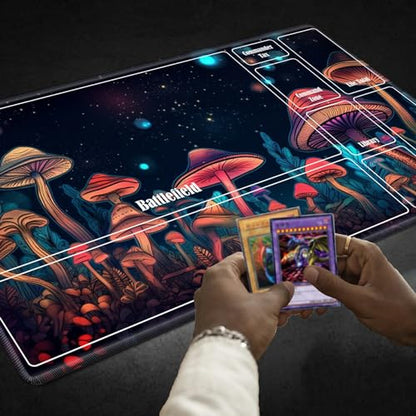 Board Game Mat TCG Playmat Plus 50 Pcs Card Sleeves, 24 x 14 inches Table Mats Games Mousepad with Zones Smooth Surface for MTG RPG CCG Trading Card Game Play Mats, Neon Mushroom - color: Neon Mushroom, size: Zone 1