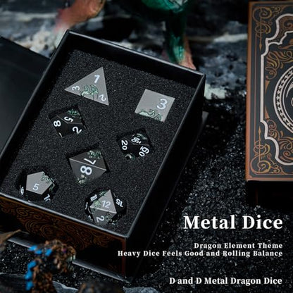 Dragon Metal DND Dice Set,Heavy Zinc Alloy Polyhedral 7-Die Set for Fantasy TTRPG & Tabletop RPG Games,Luxury Magnetic Display Case,Gift Ready for Collectors & Players(Glitter Green Dragon) - color: Black With Glitter Green