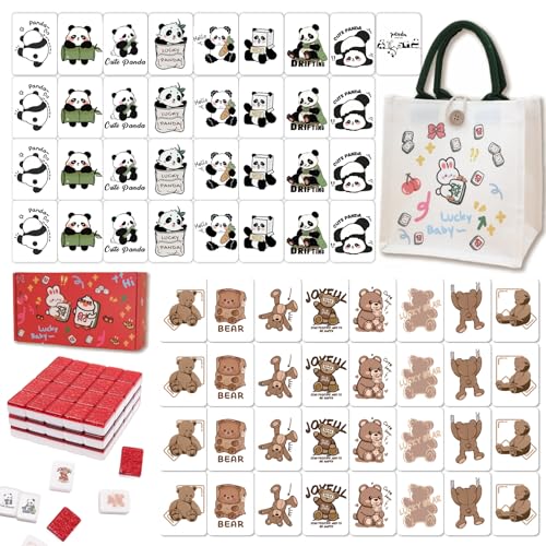 65 Pcs Vita Mahjong Tile Set, Portable Travel Mahjong Game with Handbag, 1.5-Inch Jumbo Premium Acrylic Tiles for Solo or 2 Players, Screen-Free Board Game for Picnic & Party - color: Panda & Brown Bear