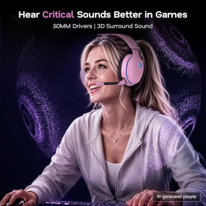 AOC 2.4GHz Wireless Gaming Headset for PS5, PS4 Fortnite & Call of Duty/FPS Gamers, PC, Switch, Bluetooth 6.0 Gaming Headphones with Noise Canceling Mic, 7.1 Virtual Surround, 45Hr - Blush Pink - color: Blush Pink