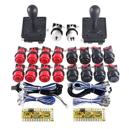 LICHO Happ Arcade Button and Joystick Kit DIY Game Replacement Parts for Mame Cabinet with 2x Zero Delay USB Encoder / 2x 8 Way Arcade Joystick / 18x Happ Push Button - Black + Red Color Kit
