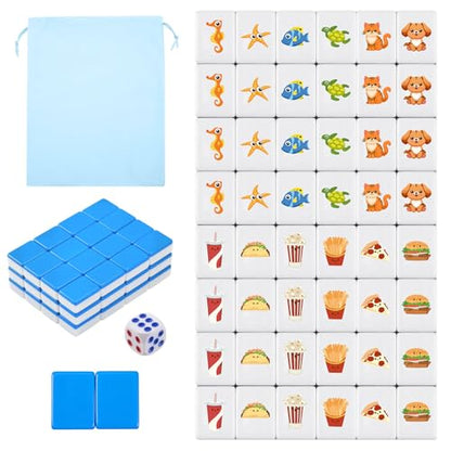 Blue Pink 2 Players Mahjong Block Set, Mahjong Tile Game with 50 Tiles with 12 Different Patterns, Animal and Food Pattern, Portable Mahjongg Set with A Carry Bag（Includes Instruction Manual） - color: Blue