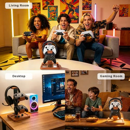 Headset Stand with Dual Controller Holder, Solid Wood Headphone Stand with Storage Base, Gaming Equipment Accessories for Desk, Controller Holder for Gamers