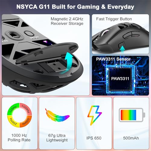 G11 Lightweight Wireless Gaming Mouse for FPS & Competitive Gaming, Tri-Mode Bluetooth 5.1/2.4GHz/USB-C, 22000 DPI RGB Mouse with Programmable Buttons for PC, Laptop & Mac (Black) - color: Black