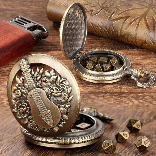 Hollow Bard Pocket Watch Dice Set, Metal Mini Dice, DND Gifts with Dice Bag | Bronze Tiny Dice, DND Stuff for Role Playing Games, DND Starter Set, 7pcs Polyhedral Metal Dice Set for Game Night, Bard Gift - color: Bard Dice Set