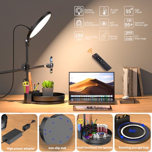 Selfie Light Kit for Desk and Laptop,55W Dimmable Full Screen Ring Light,with Rotating Storage Box,Pen Holder Stand,Phone Holder and Controller (White, 10.5) - color: White