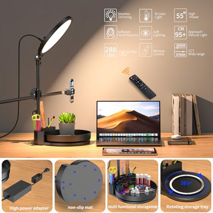 Selfie Light Kit for Desk and Laptop,55W Dimmable Full Screen Ring Light,with Rotating Storage Box,Pen Holder Stand,Phone Holder and Controller (White, 10.5) - color: White