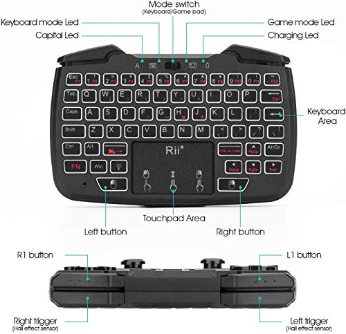 (Backlit Version)Rii RK707 3 in 1 Multifunctional 2.4GHz Wireless Portable Game Controller 62-Key Rechargeable Keyboard Mouse Combo Turbo Vibration Function for PC/Raspberry pi2/Android TV Google/TV B