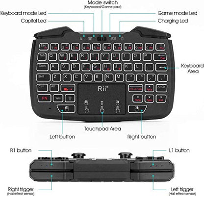 (Backlit Version)Rii RK707 3 in 1 Multifunctional 2.4GHz Wireless Portable Game Controller 62-Key Rechargeable Keyboard Mouse Combo Turbo Vibration Function for PC/Raspberry pi2/Android TV Google/TV B
