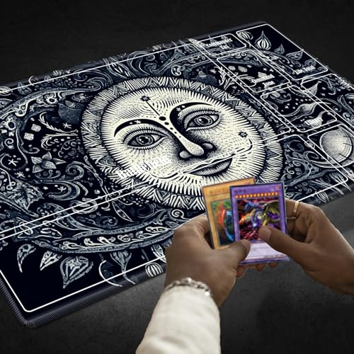 Board Game Mat TCG Playmat Plus 50 Pcs Card Sleeves, 24 x 14 inches Table Mats Games Mousepad with Zones Smooth Surface for MTG RPG CCG Trading Card Game Play Mats, Sun Face - color: Sun Face, size: Zone 1