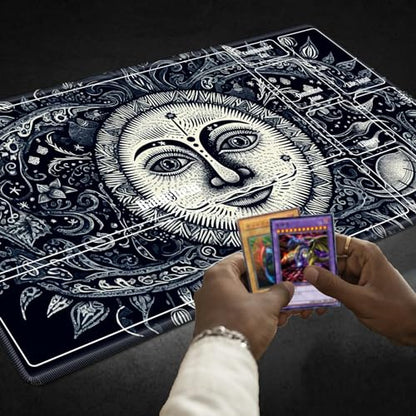 Board Game Mat TCG Playmat Plus 50 Pcs Card Sleeves, 24 x 14 inches Table Mats Games Mousepad with Zones Smooth Surface for MTG RPG CCG Trading Card Game Play Mats, Sun Face - color: Sun Face, size: Zone 1