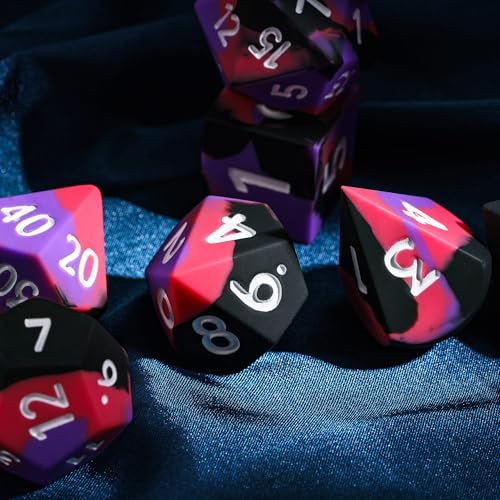 7-Piece Jumbo Silicone DND Dice Set, 25mm Oversized D&D Dice | Round Edges Soft Perfect Bouncer Compatible with Dungeons and Dragons RPG Bar Pub Club Party Games - color: Purple&black&red