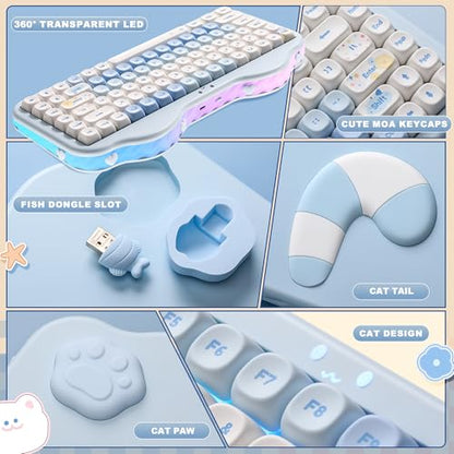 YUNZII C75 Wireless Mechanical Keyboard,75% Layout, Hot-Swappable NKRO,BT5.0/2.4G/USB-C Mode,Dye-Sub PBT MOA Keycaps,RGB Gasket Mount,Cute Cake Design for Mac/Win/Gaming (Blue, Milk V2 Switch) - color: Blue, size: Milk V2 Switch