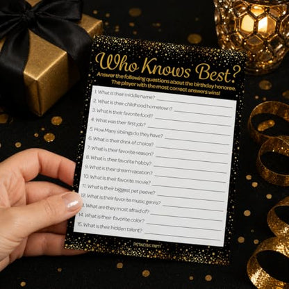 Black and Gold 80th Birthday Games Set, Born in the 1940s, 20 Guests | 5" x 7" Dual-Sided Cards, Who Knows Best, Older or Younger, and 1940s Trivia Games, Answer Keys Included - color: Black Gold