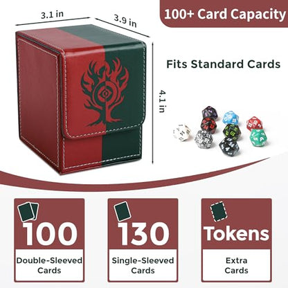 Card Deck Box with 2 Dividers, MTG Commander Deck Box Holds 100+ Double-Sleeved Cards, Leather Magnetic Deck Case Compatible with Magic TCG CCG Cards, Red/Green - color: 1. Red & Green, size: 100 Double-sleeved Cards Vertical