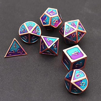 Haxtec Metal DND Dice Set, 7 Pcs Blue-Violet Polyhedral Dice for RPG | Copper DND Dice with Leather Bag, Compatible with Dungeons and Dragons, Heavy Metallic, Mermaid, D&D Gifts for Table Games - color: Copper Blue Purple