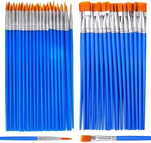 AROIC Paint Brushes Set,110 Pcs Flat & Fine Nylon Acrylic Brushes Bulk for Oil Watercolor Canvas Artist Professional Painting Kits Small Paint Brush for Classroom ﻿Miniature Detailing & Rock Painting - color: Blue, size: 55 Flat + 55 Fine