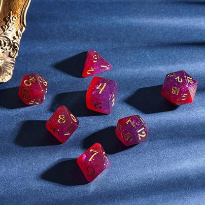 Purple Glitter DND Dice Set D&D Polyhedral Dice for Tabletop Games | Leather Storage Bag, DM Gift, for Dungeons and Dragons Role Playing Games - color: Glitter-purple&red