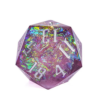Cusdie Single D20 DND Dice with Sharp Edges and Glitter Foil Inclusions, 20 Sided D&D Dice, 33mm Handcrafted Polyhedral Dice, for Role Playing Game (Purple/Silver Font) - color: Purple