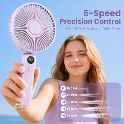 Portable Handheld Fan, 10000mAh Rechargeable 6-Inch Personal Fan for Travel | Ultra Quiet Foldable Desk Fan, 5-Speed Battery Operated Fan with Up to 40H Runtime and Digital Display for Travel and Makeup - color: Purple