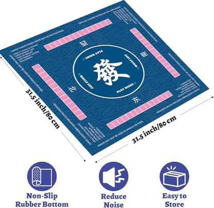 Mahjong Mat for Table Anti Slip Noise Reduction Table Cover for Poker, Card, Board & Tile Games 31.5 x 31.5 Inches (Blue) with 3 Dice & Carrying Bag (Mat Only)