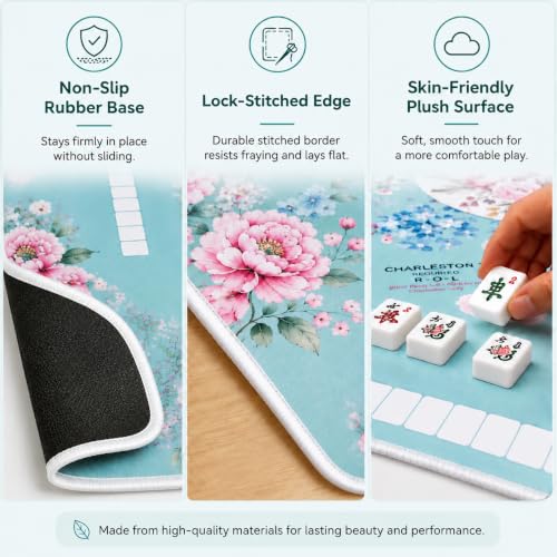 Blue Mahjong Mat for Table with Rules, 31.5" x 31.5", Anti-Slip | Neoprene Rubber Game Mat with Carrying Bag; Chinoiserie Mah Jong Table Cover for Board, Poker, Card Games and Gifts for Women - color: Blue