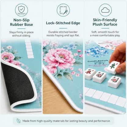 Blue Mahjong Mat for Table with Rules, 31.5" x 31.5", Anti-Slip | Neoprene Rubber Game Mat with Carrying Bag; Chinoiserie Mah Jong Table Cover for Board, Poker, Card Games and Gifts for Women - color: Blue