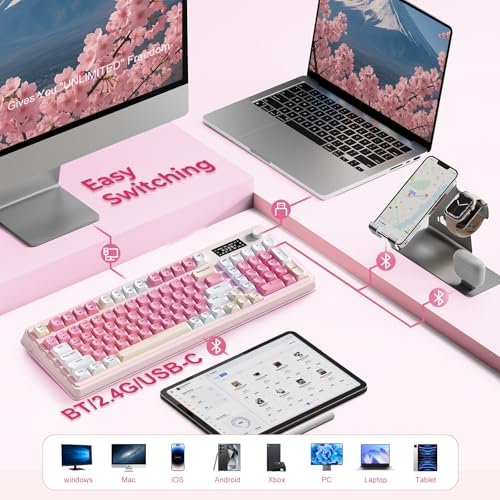 AULA S99pro Wireless Pink Keyboard,Full Size Creamy Gaming Keyboard | Tri-Mode Bluetooth/wireless/2.4GHz,RGB Backlit,Media Knob Programmable ABS Keycaps&Screen,Membrane Keyboard with Number Pad - color: White Pink