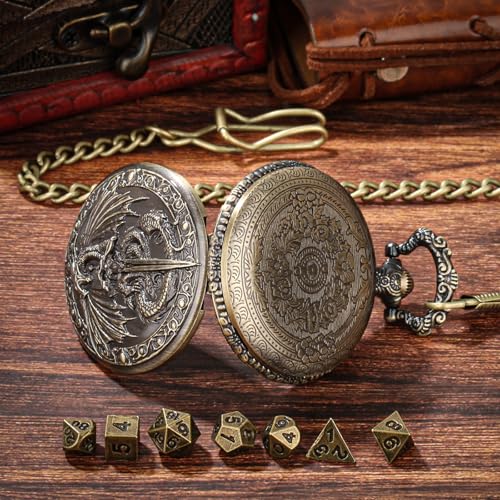 DragonSword D&D Dice Set with Pocket Watch Case, 7PCS Metal Dice Set for DND, Mini Dice with Gifts Case, Role Playing Board Games Accessories Gifts (Gold) - color: Gold