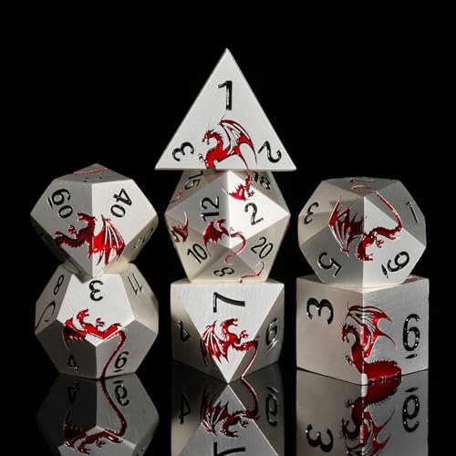 Metal Dragon DND Dice Set,7-Piece Polyhedral Dice,Silver Red | Heavy zinc alloy polyhedral dragon dice with easy-to-read numbers and a magnetic gift box for fantasy tabletop RPG games. - color: Matte Silver With Red