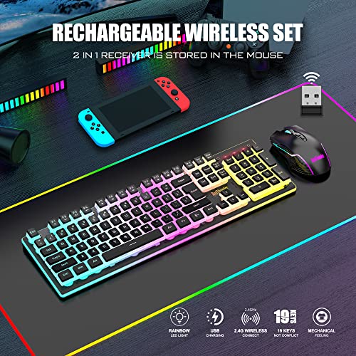 RedThunder K10 Wireless Gaming Keyboard and Mouse Combo, RGB Backlit Rechargeable 3800mAh Battery, Mechanical Feel Anti-ghosting Keyboard with Pudding Keycaps + 7D 3200DPI Mice for PC Gamer (Black) - color: Black Pudding