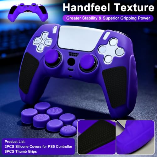 2 Pack Purple Anti-Slip PS5 Controller Skin,Soft Thicken Studded Protective Silicone Cover Skin Grips Compatible with PS5/Slim/Pro Controller and 8 PCS Thumb Grips Caps. (2 Pack Purple) - color: 2 Pack Purple
