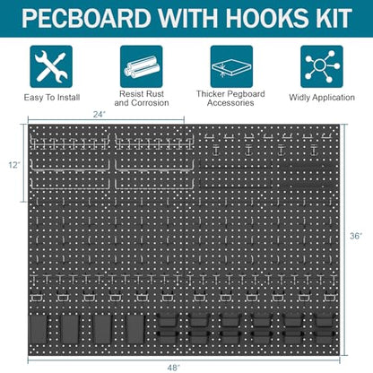 Metal Peg Board Kit with 1/4" Pegboard Accessories, 6 Pack 12"X24" Pegboard and 264PCS Extra Thick Pegboard Accessories,Wall Organizer Peg Board Panels Tool Organizer Storage System (Black)