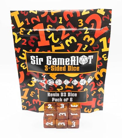 Custom Made Resin d3 (3-Sided Dice) - Set of 6 | Sir GameAlot | Glitter 6-Sided dice Numbered 1 to 3 | Use for Dungeons and Dragons DND, Warhammer and Other Games that Need a Three Sided roll - style: D3 Set of 6