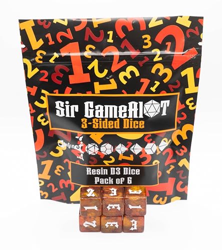 Custom Made Resin d3 (3-Sided Dice) - Set of 6 | Sir GameAlot | Glitter 6-Sided dice Numbered 1 to 3 | Use for Dungeons and Dragons DND, Warhammer and Other Games that Need a Three Sided roll - style: D3 Set of 6