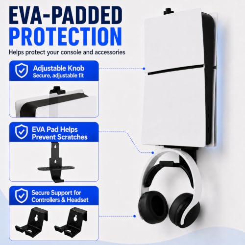 Heavy-Duty Steel Wall Mount Kit Compatible with PS5 Slim, Pro and Original | Secure EVA-padded support, complete install kit, easy setup, open airflow, holders for 2 controllers and headset - color: Black