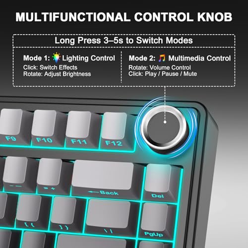 Aula F75 Wireless Mechanical Keyboard, 75% Gasket Mount Hot Swappable Gaming Keyboard with Knob, Creamy Sound Pre-lubed Linear Switches, Tri-Mode BT/2.4G/USB-C RGB PBT Keycaps for PC Mac - color: Gradient Black