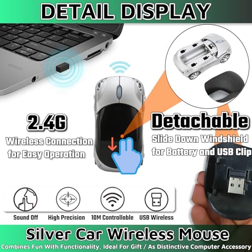 Silver Car Mouse，Computer Mice 2.4G 1600DPI with USB Reciver for Computer Wireless Computer Mouse Wireless Cute Wireless Mouse for Laptop Tablet for Windows Mac OS（Silver） - color: SILVER