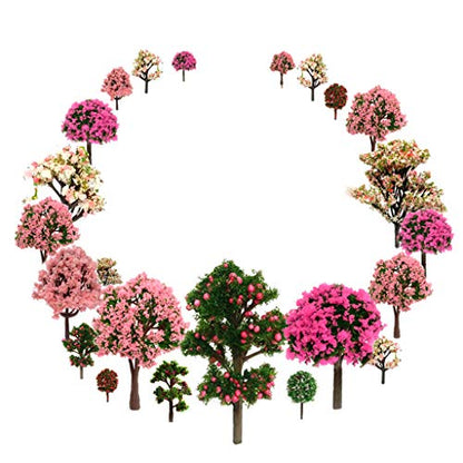29pcs Mixed Model Trees, 1.5-4.8 inch(4-12 cm), OrgMemory Fruit Trees, Ho Scale Trees, Model Train Scenery, Architecture Trees, Flower Trees with No Bases - style: 29pcs flower trees