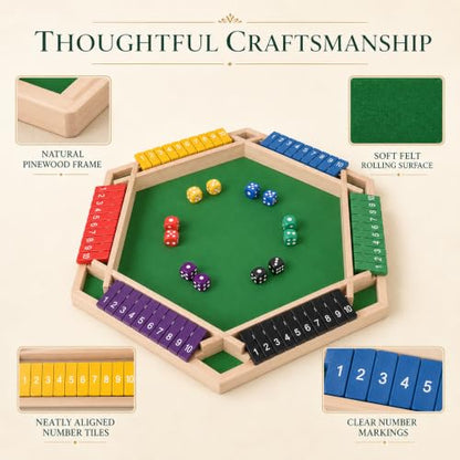 Shut The Box Game, 6 Player Wooden Hexagon Board, 12 Dice Game | 6-player Shut The Box wooden hexagon math board with 12 dice for adults,family nights, parties, pubs and group strategy play - color: 1-6 Players