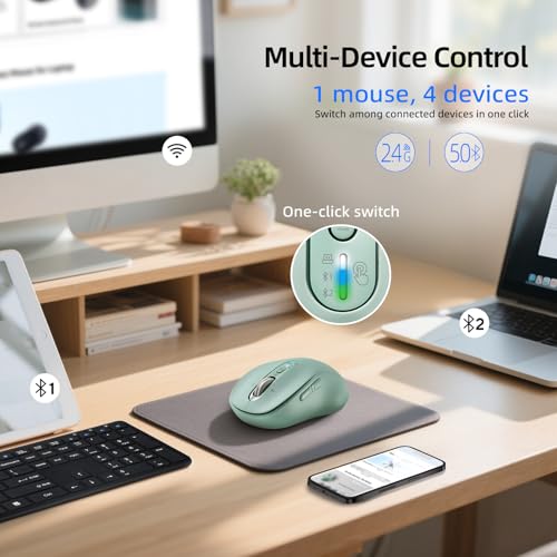INFINMIND Wireless Bluetooth Mouse for Laptop,USB+BT×2,Quiet Ergo Computer Mouses,Metal 4-Way Super Scrolling,± 3200 DPI,Rechargeable,9 Buttons,Multi Device Cordless Mice for iPad,Tablet,Mac,PC(Green)