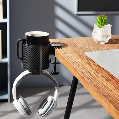 Luxury 2-in-1 Anti-Spill Cup Holder with Under Desk Headphone Hanger (Racing Carbon Edition) - color: RACING CARBON EDITION