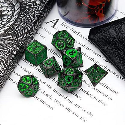 Haxtec Metal Dice Set Green Black Dragon Pattern Metal DND Dice with Leather Dice Bag Polyhedral D&D Dice Compatible with Dungeons and Dragons TTRPG Gifts - color: Black Matt Green