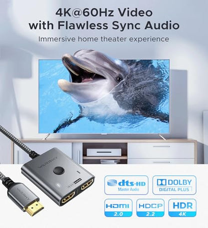 HDMI Switch 2 in 1 Out 4K@60Hz, WARRKY[with 3.3ft Fixed Braided HDMI Cable, Aluminum Case, 2K@144Hz, HDCP 2.2] Bidirectional 2x1 Switcher Splitter Compatible for PS5/4, Xbox, Roku, FireStick, Switch - color: Grey